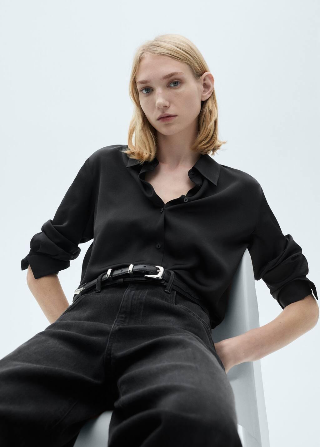 Black Satin Finish Flowy Shirt, , large image number 3