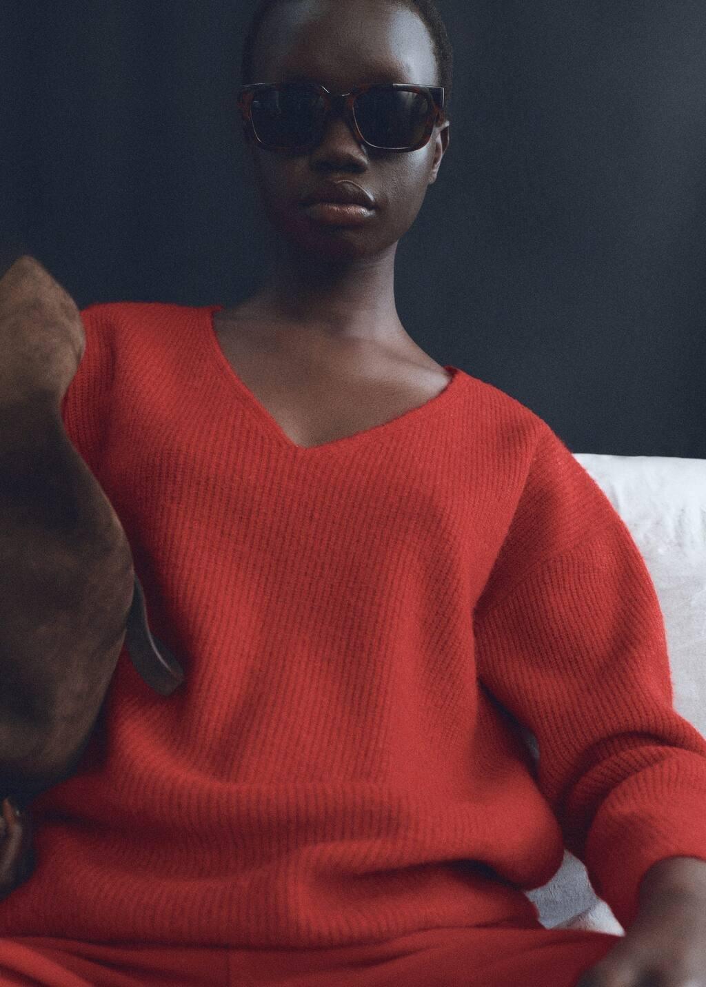 Red V-Neck Knit Sweater, , large image number 1