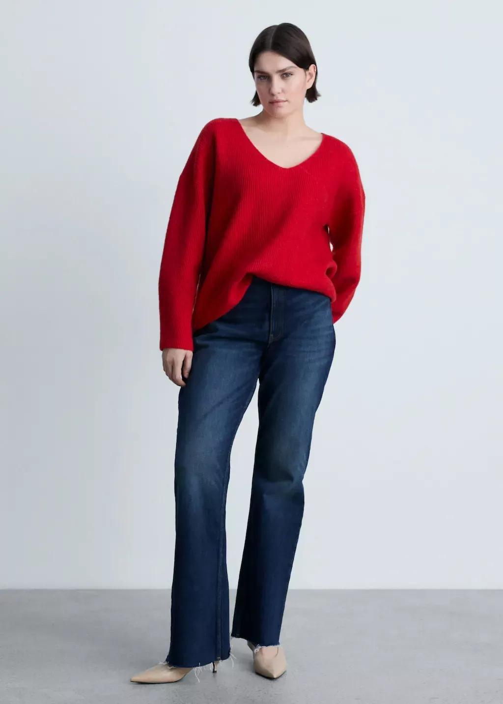 Red V-Neck Knit Sweater, , large image number 4