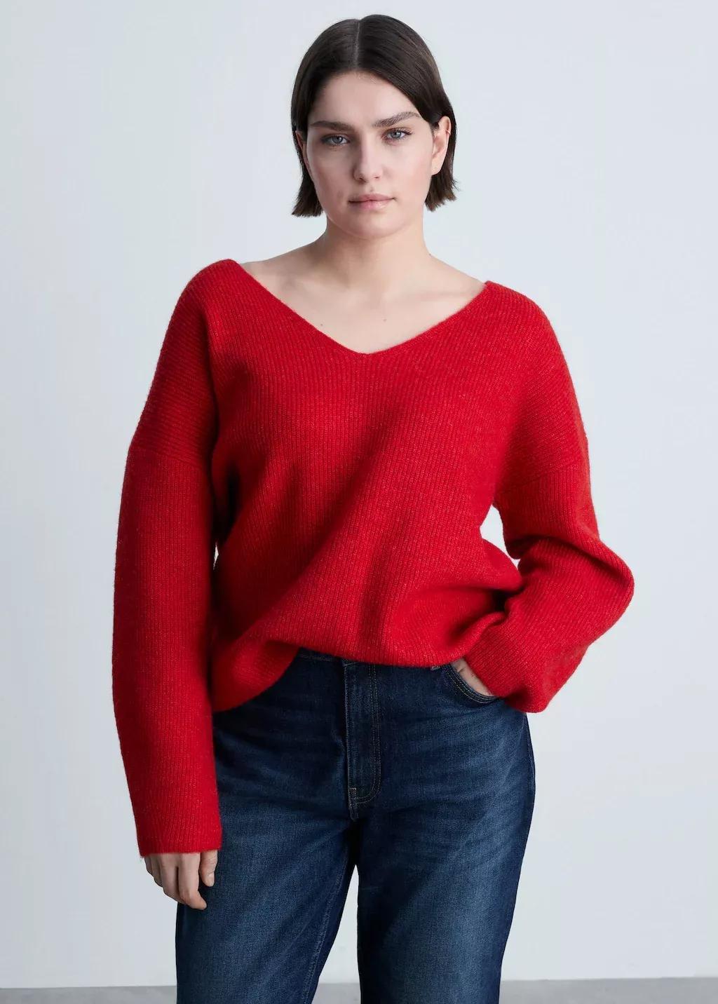 Red V-Neck Knit Sweater, , large image number 6