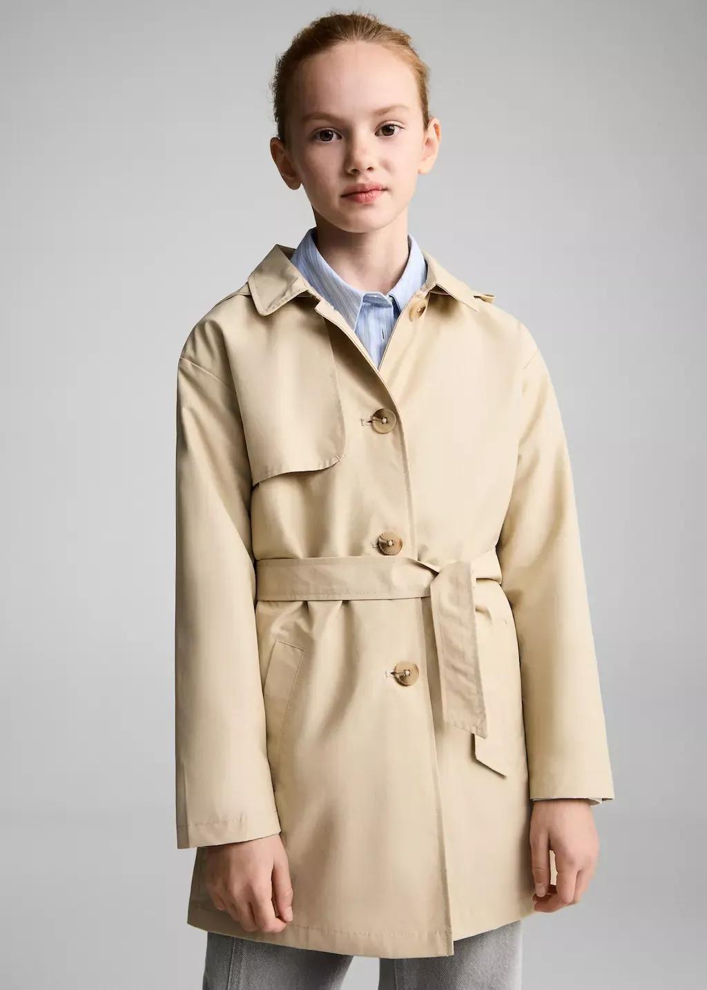 Brown Short Hooded Trench Coat, Kids Girl, , medium