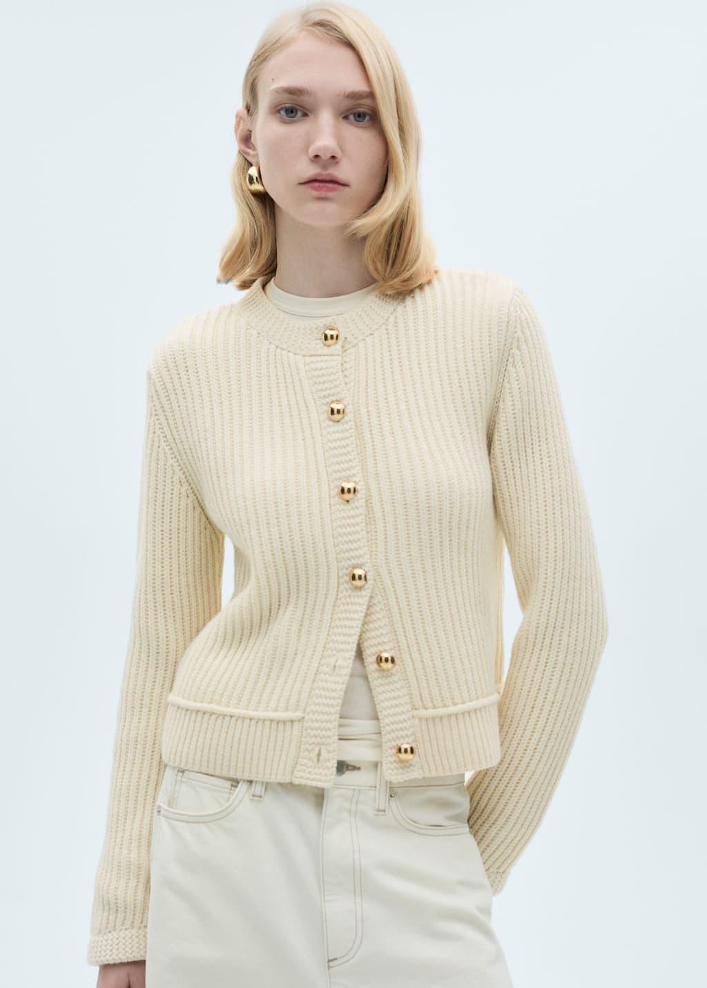 Beige Knitted Cardigan With Jewel Button, , large image number 0