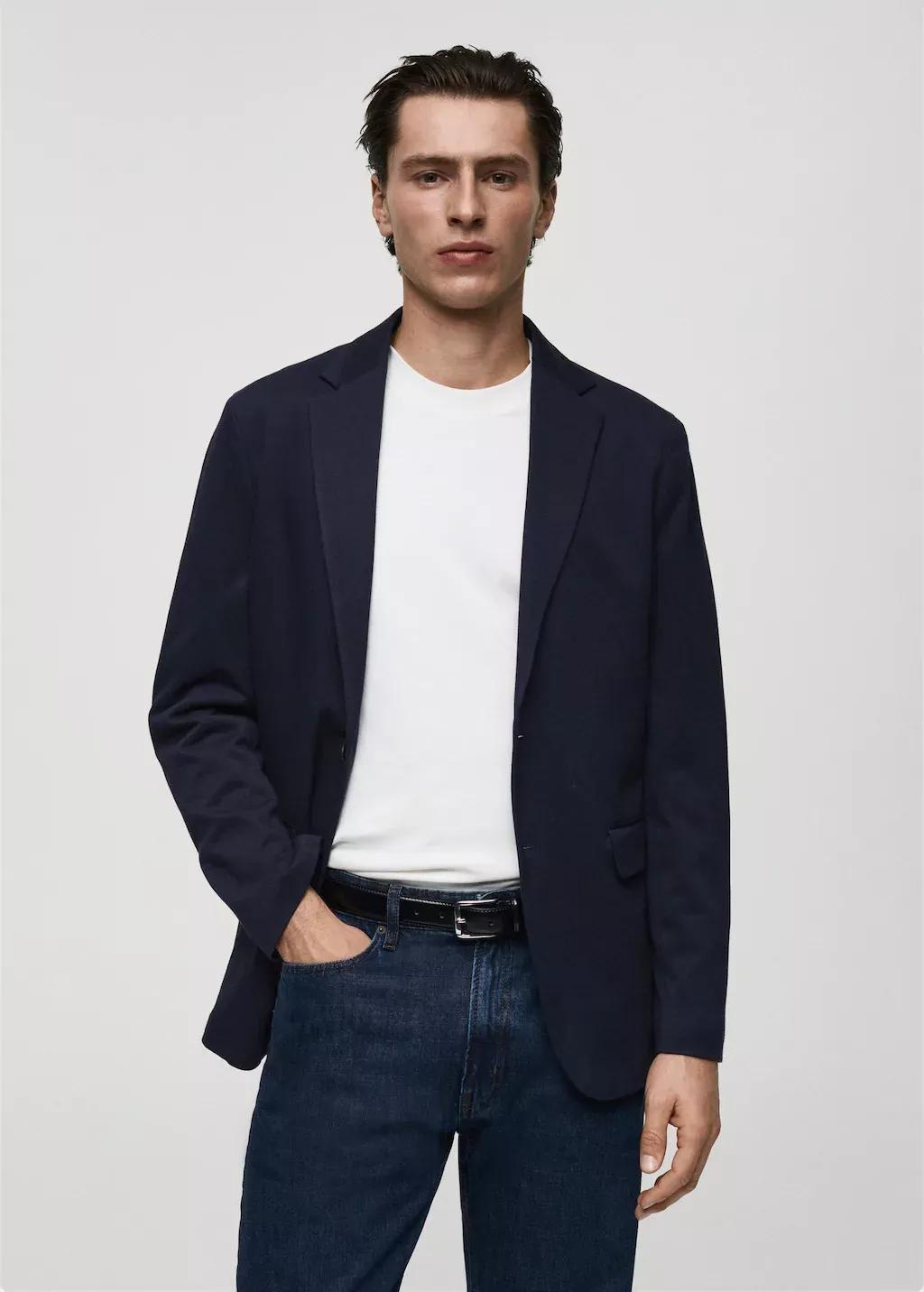 Navy Slim Fit Cotton Blazer, , large image number 0