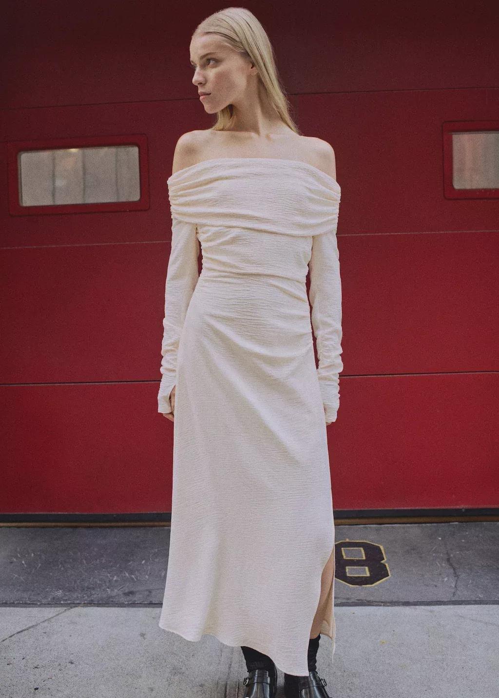 White Off-The-Shoulder Draped Dress, , large image number 0