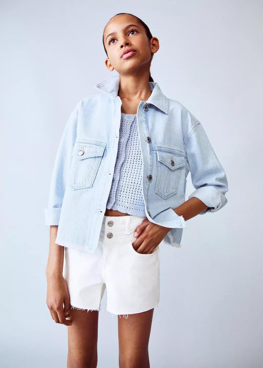 White Frayed Hem Denim Shorts, Kids Girl, , large image number 0