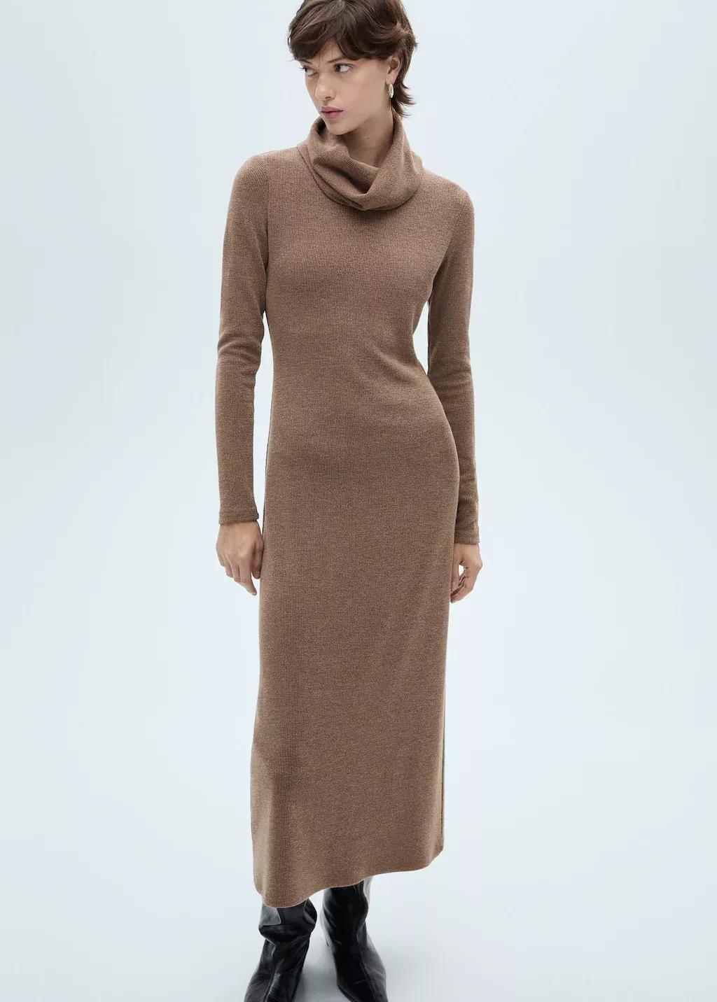 Brown Knitted Turtleneck Dress, , large image number 0