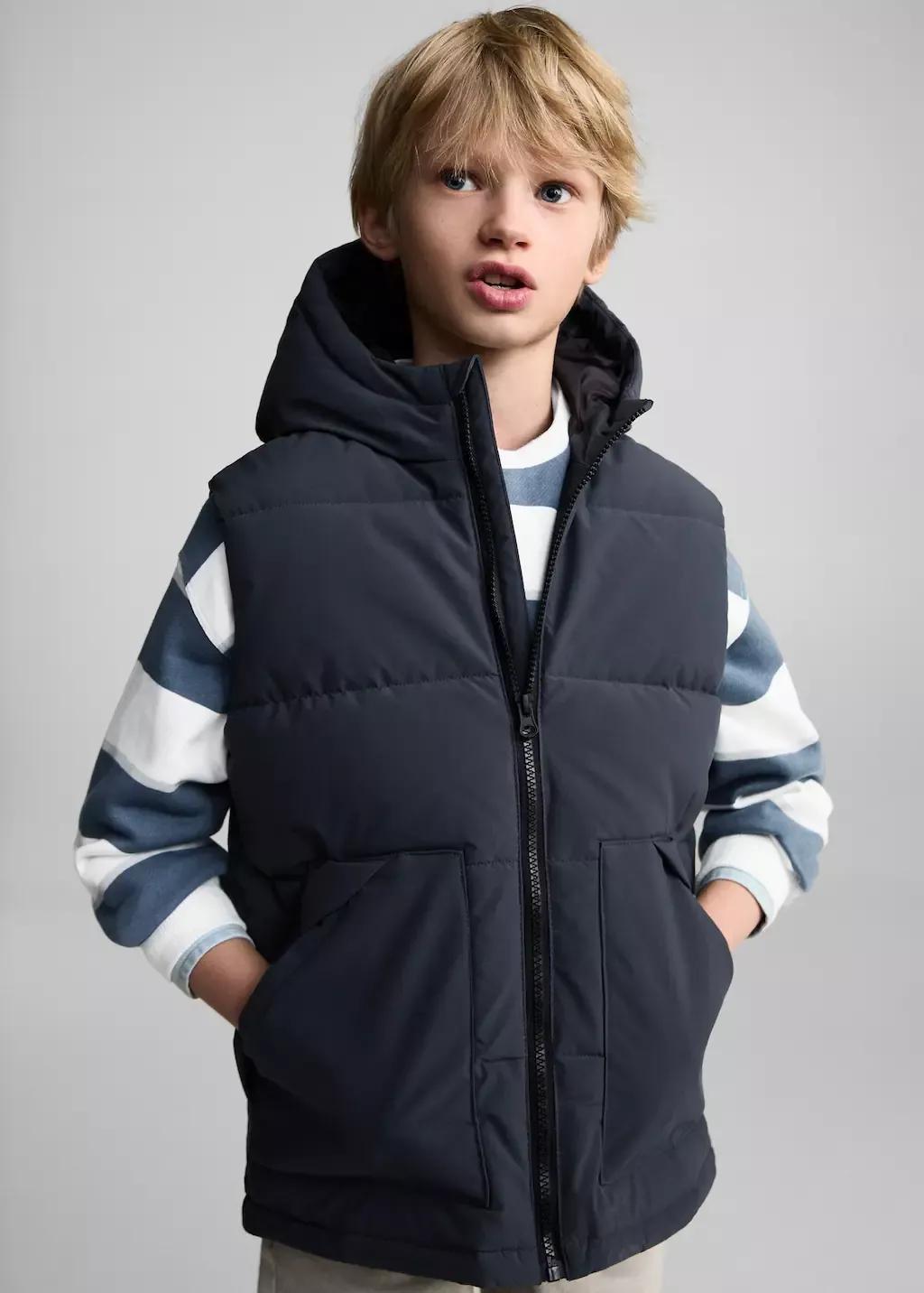 Grey Quilted Gilet With Hood, Kids Boy, , medium