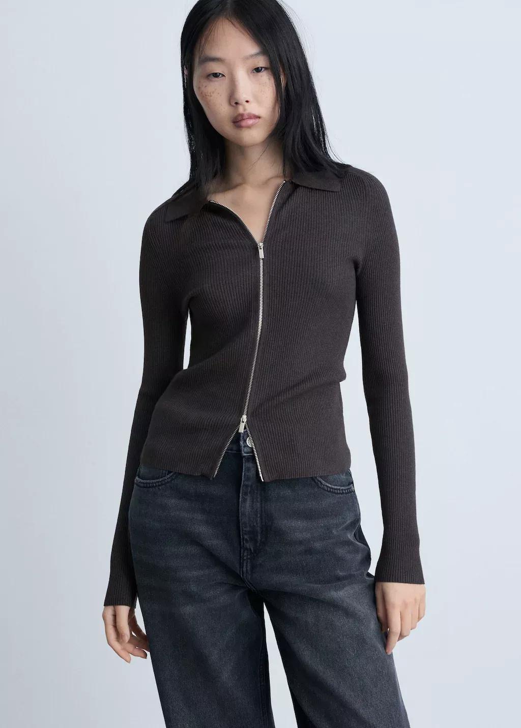 Grey Zipped Knit Cardigan, , large image number 0