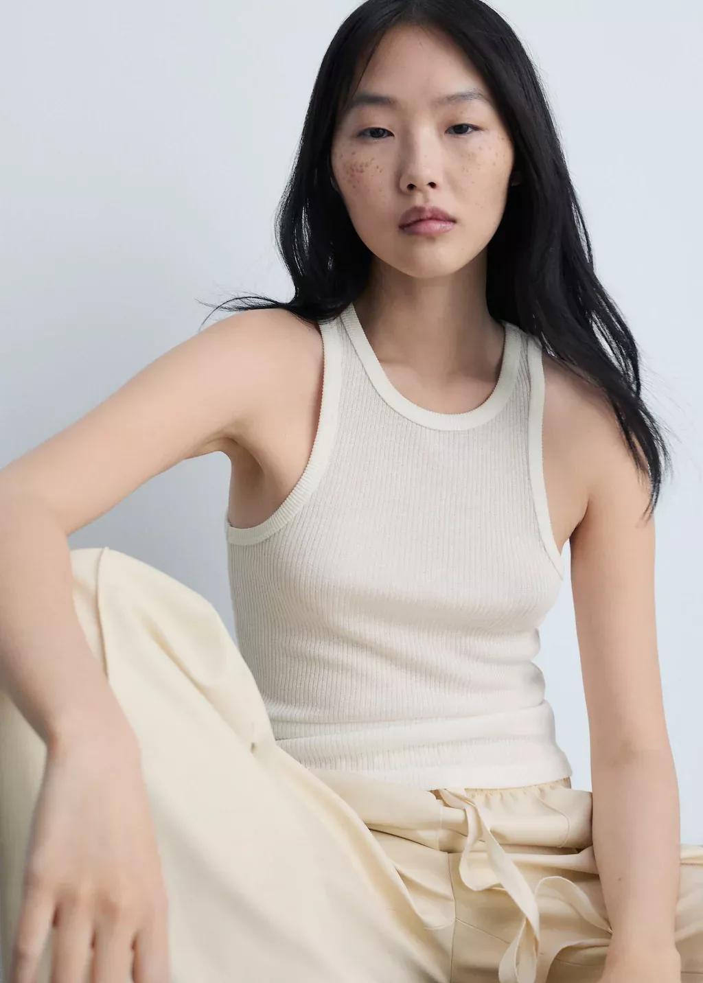 Beige Fine Ribbed Knit Top, , medium