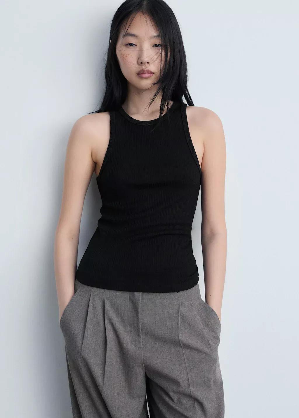 Black Fine Ribbed Knit Top, , large image number 0