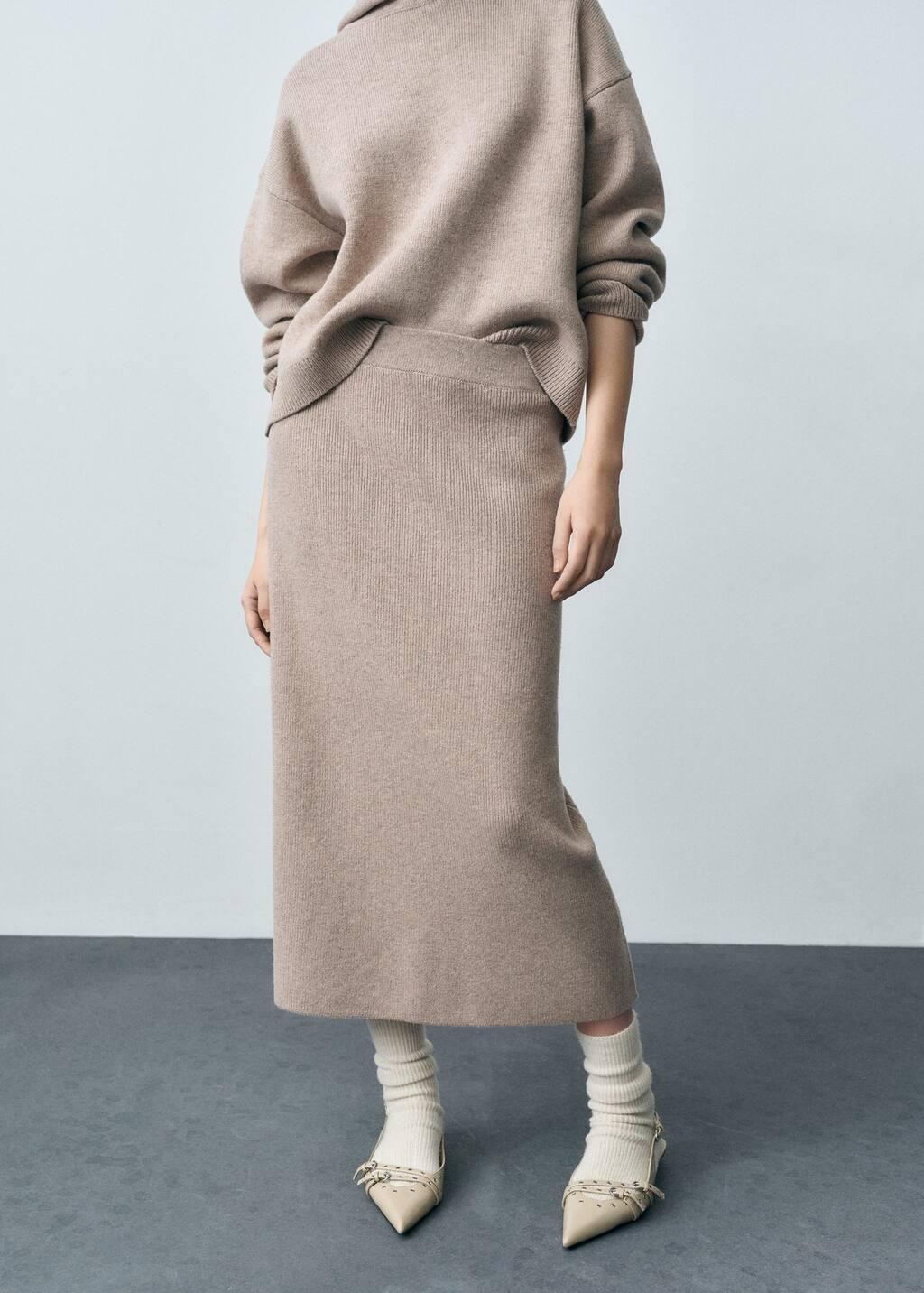 Brown Lt Pastel Wool-Blend Midi-Skirt, , medium