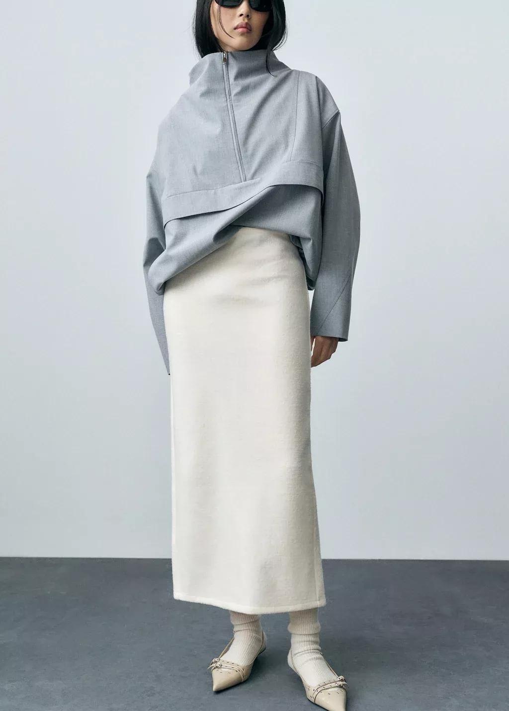 Beige Wool-Blend Midi-Skirt, , medium