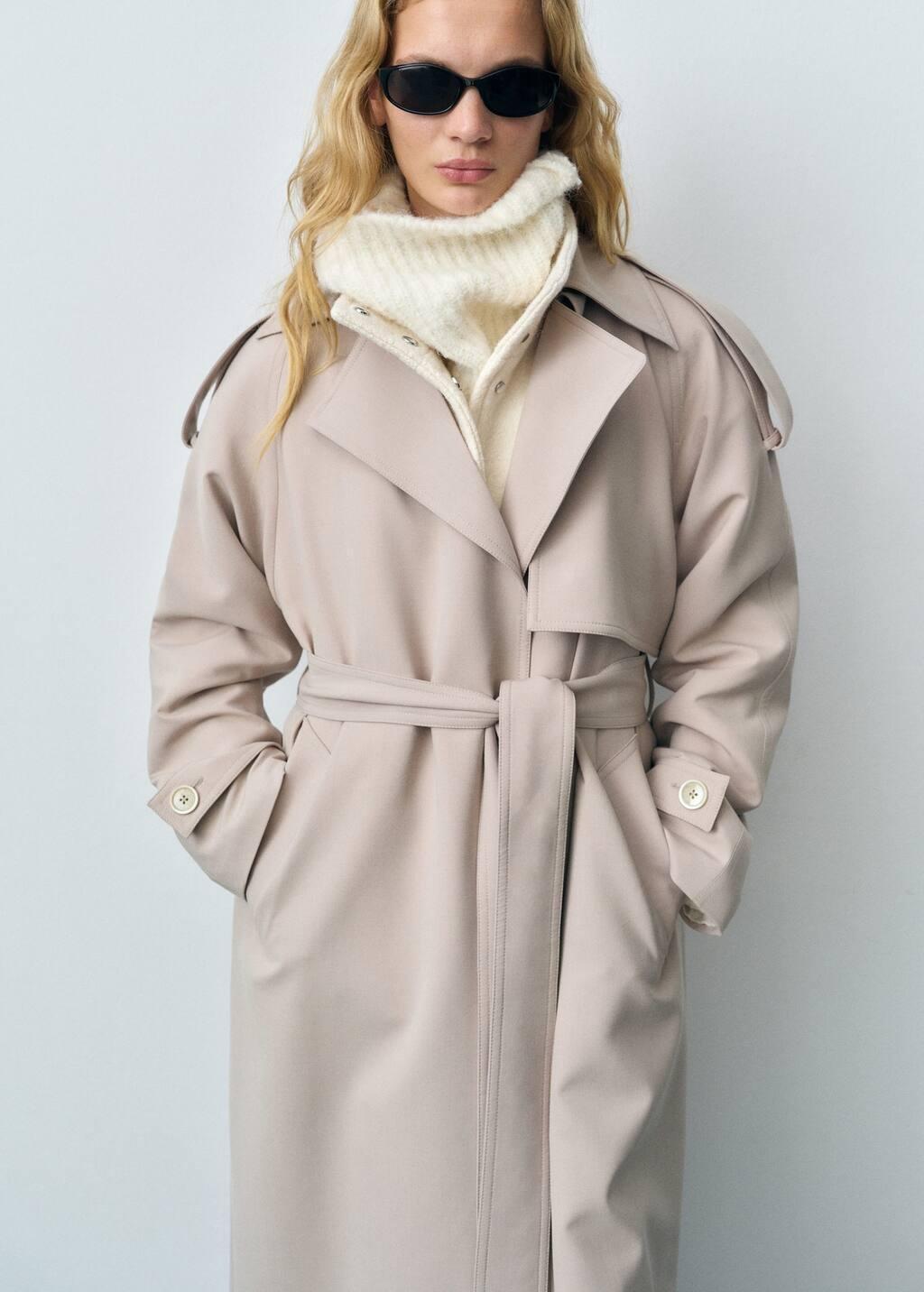 Beige Oversized Trench Coat With Belt, , medium