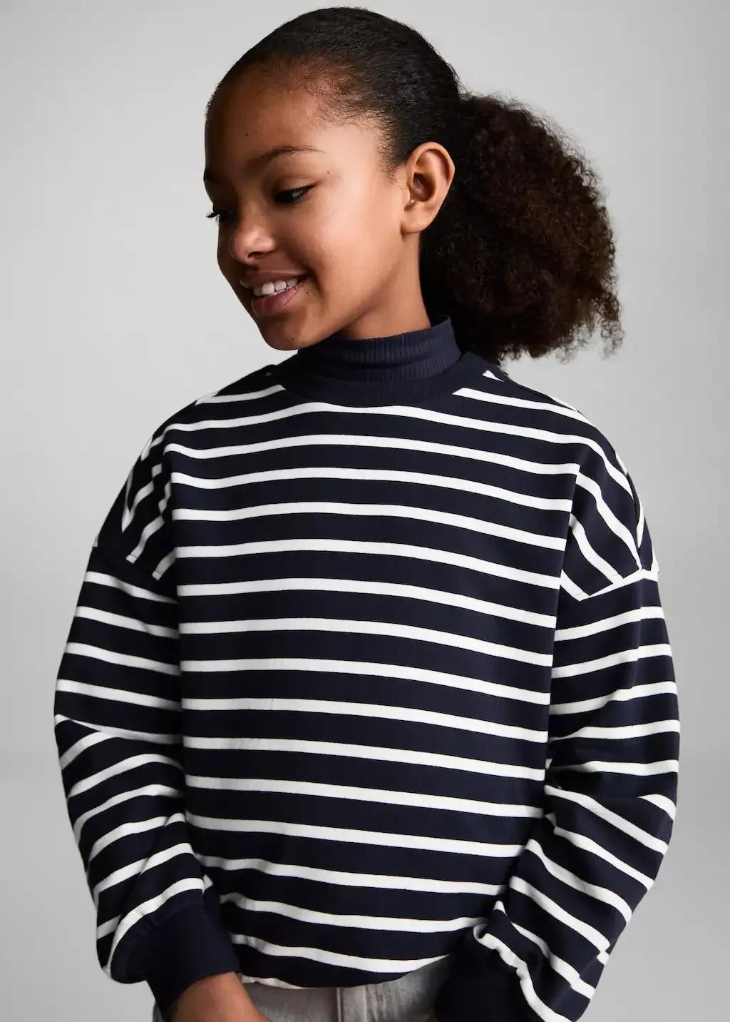 Navy Striped Sweatshirt Knitted Cropped, Kids Girls, , large image number 0