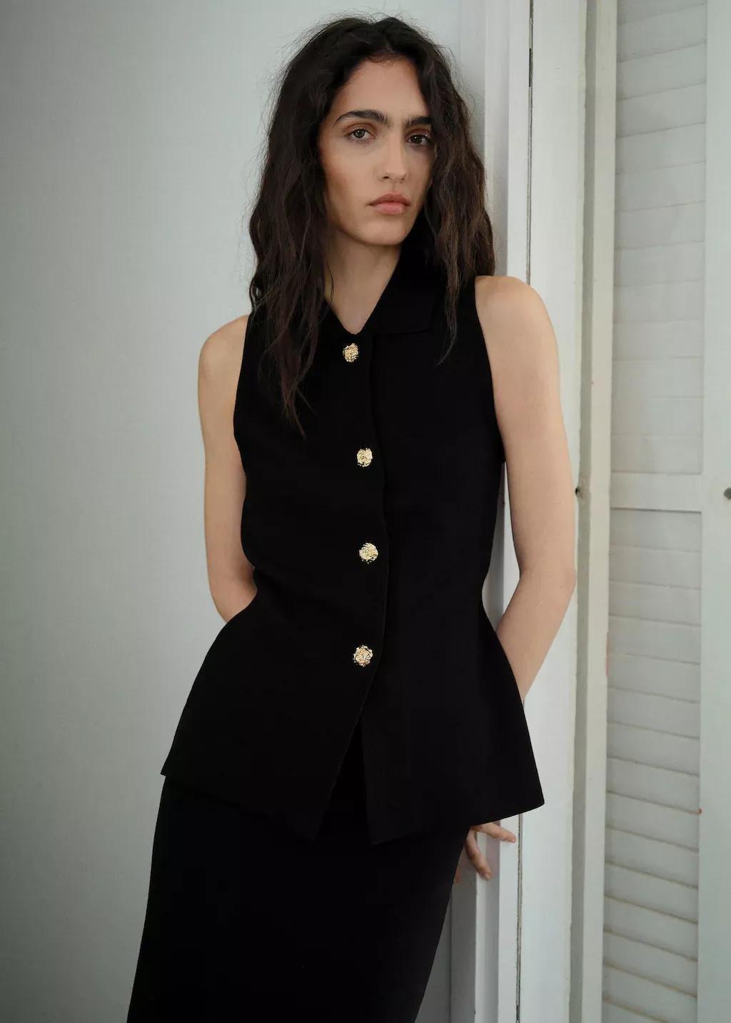 Black Knitted Vest With Jewel Buttons, , medium