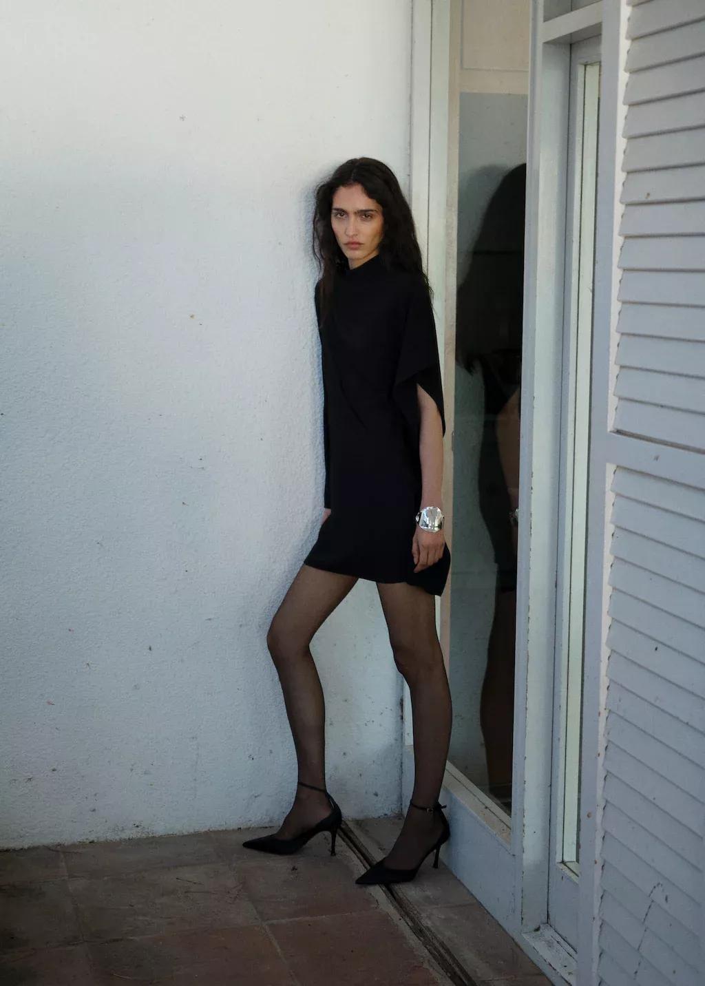 Black Short Asymmetric Sleeve Dress, , large image number 1