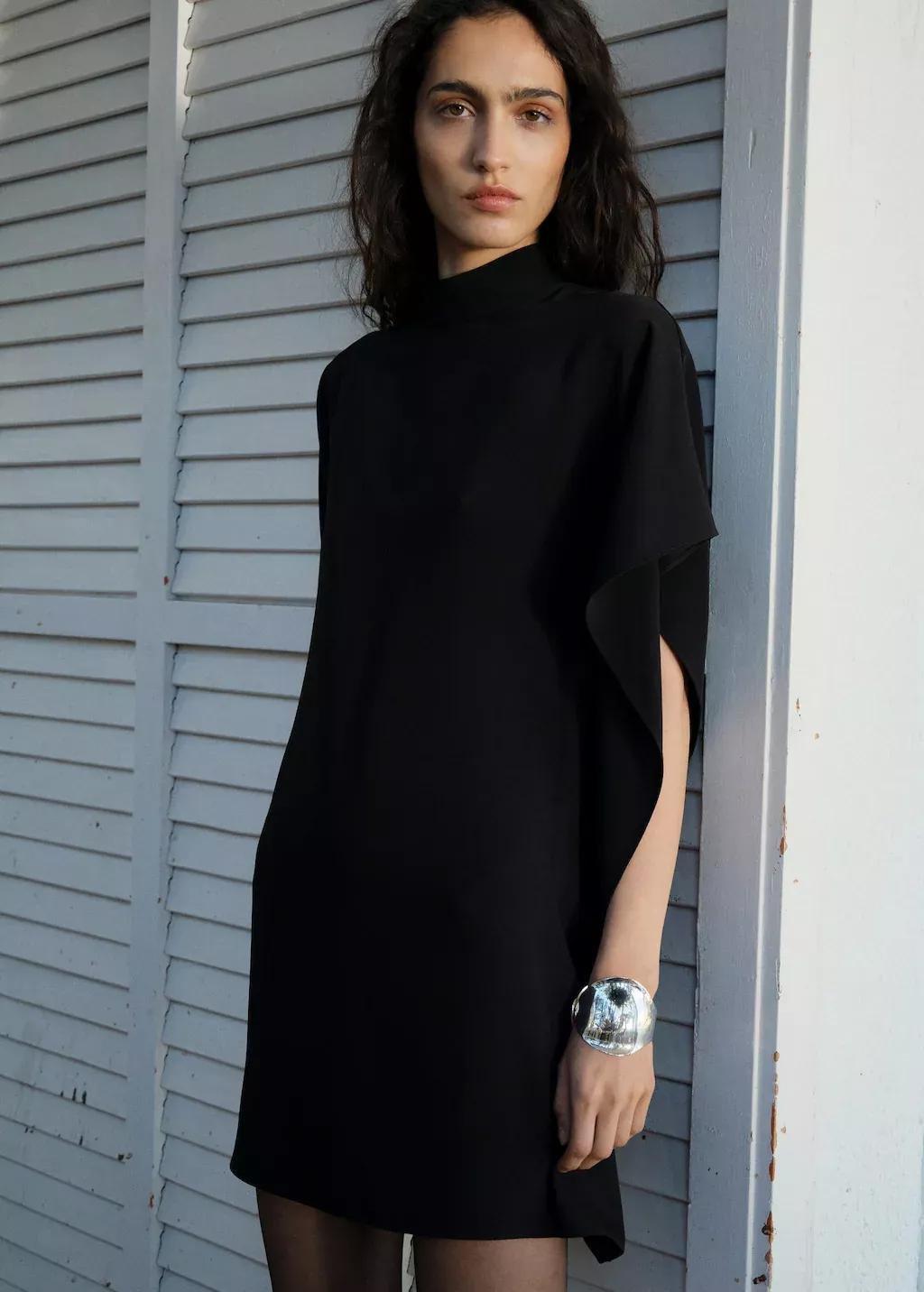Black Short Asymmetric Sleeve Dress, , large image number 4