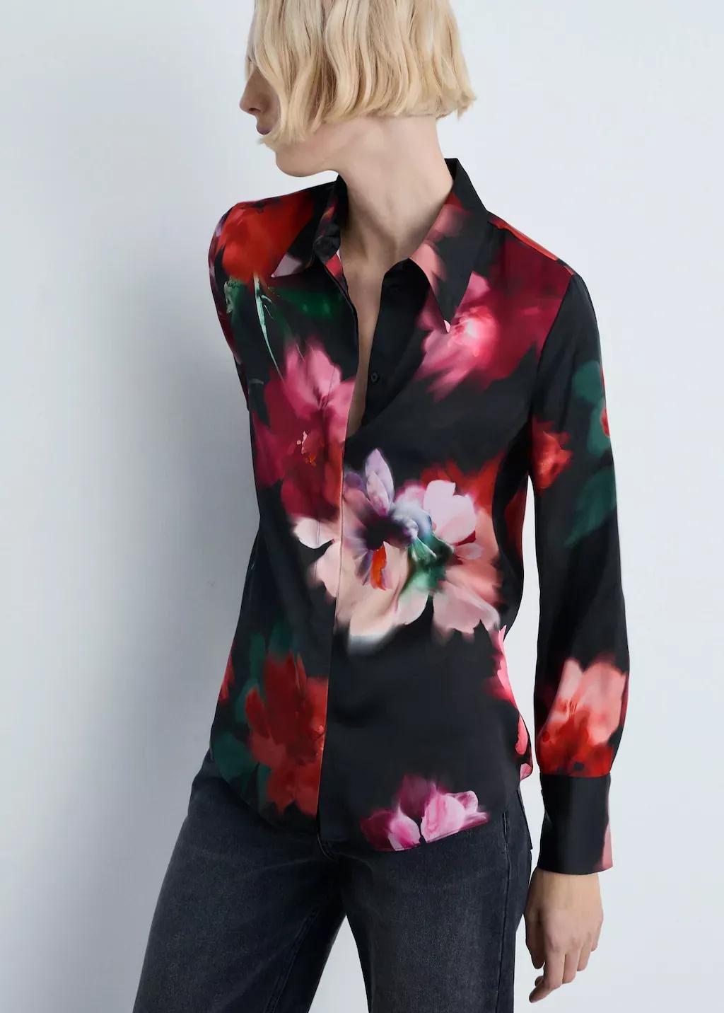 Black Satin Print Shirt, , large image number 0
