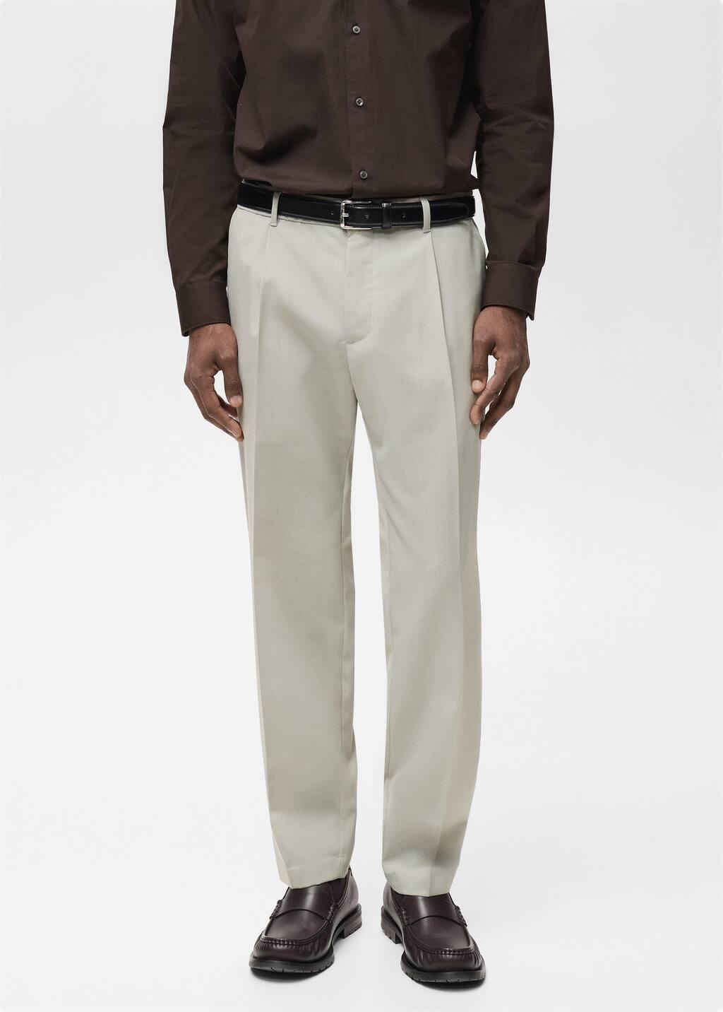 White Slim Fit Pleated Cool Wool Trousers, , large image number 0