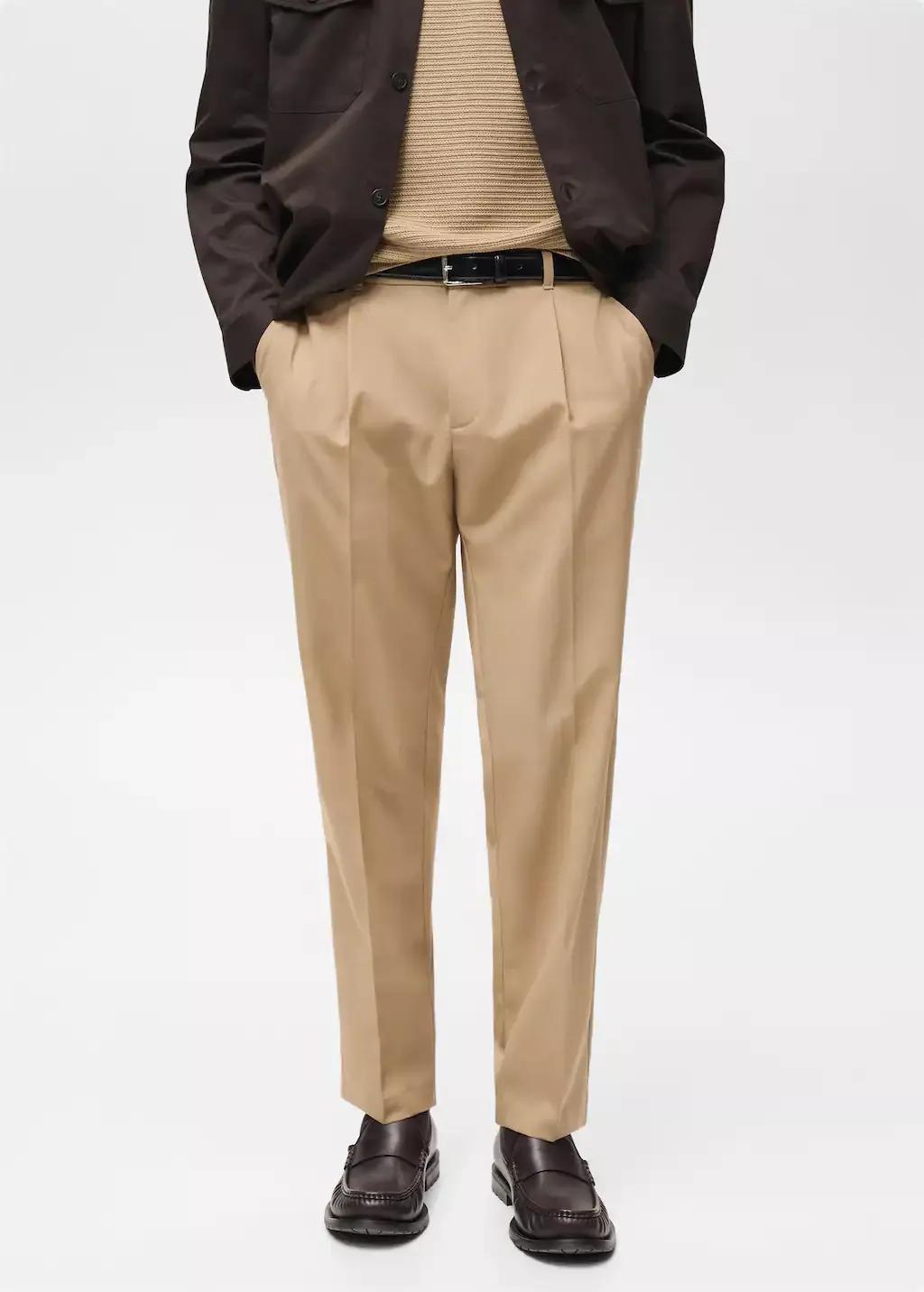 Brown Slim Fit Pleated Cool Wool Trousers, , large image number 0