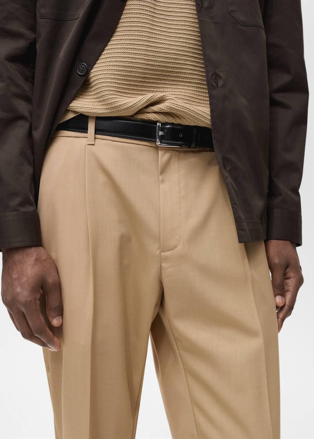Brown Slim Fit Pleated Cool Wool Trousers, , large image number 1