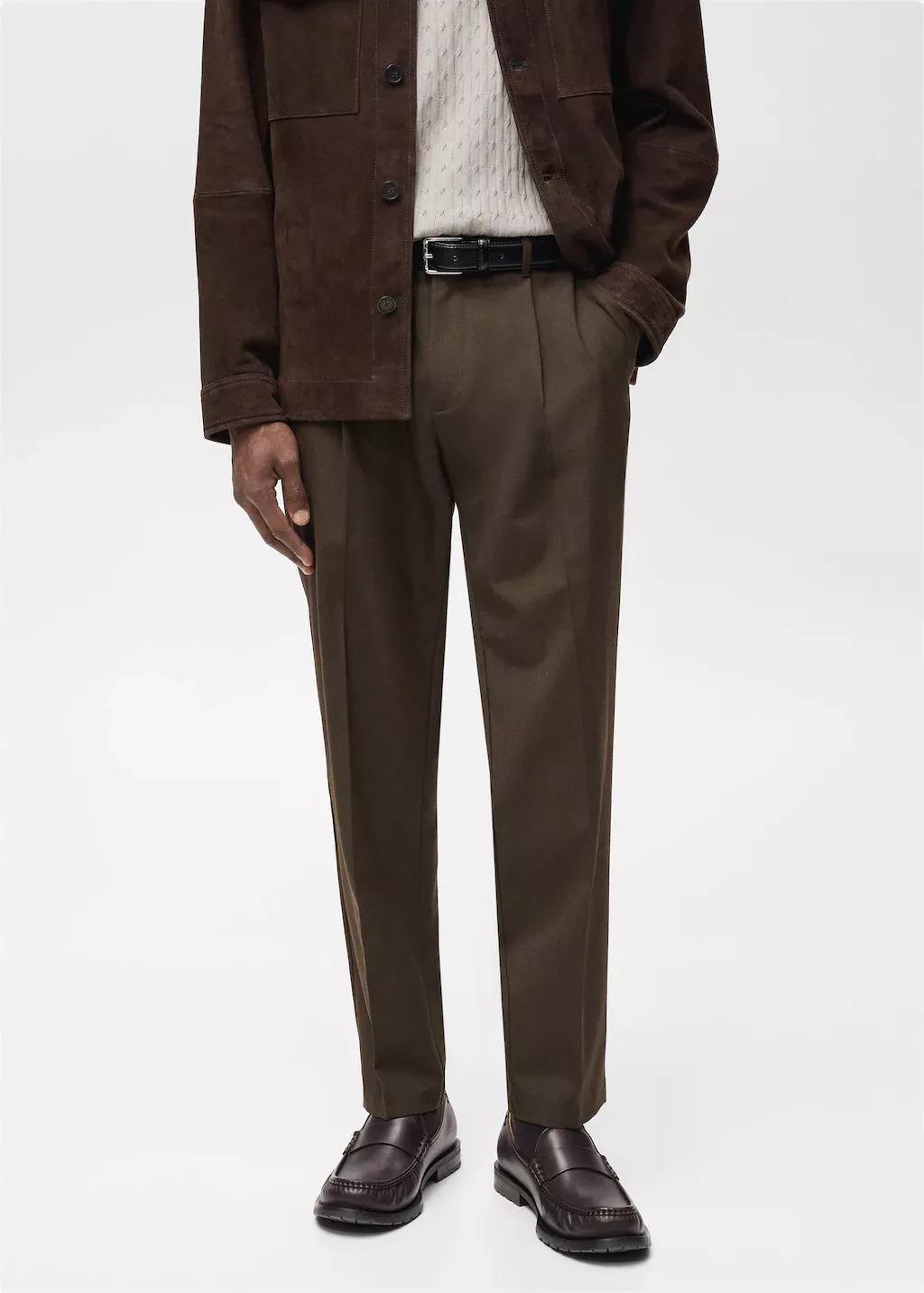 Brown Slim Fit Pleated Cool Wool Trousers, , large image number 0