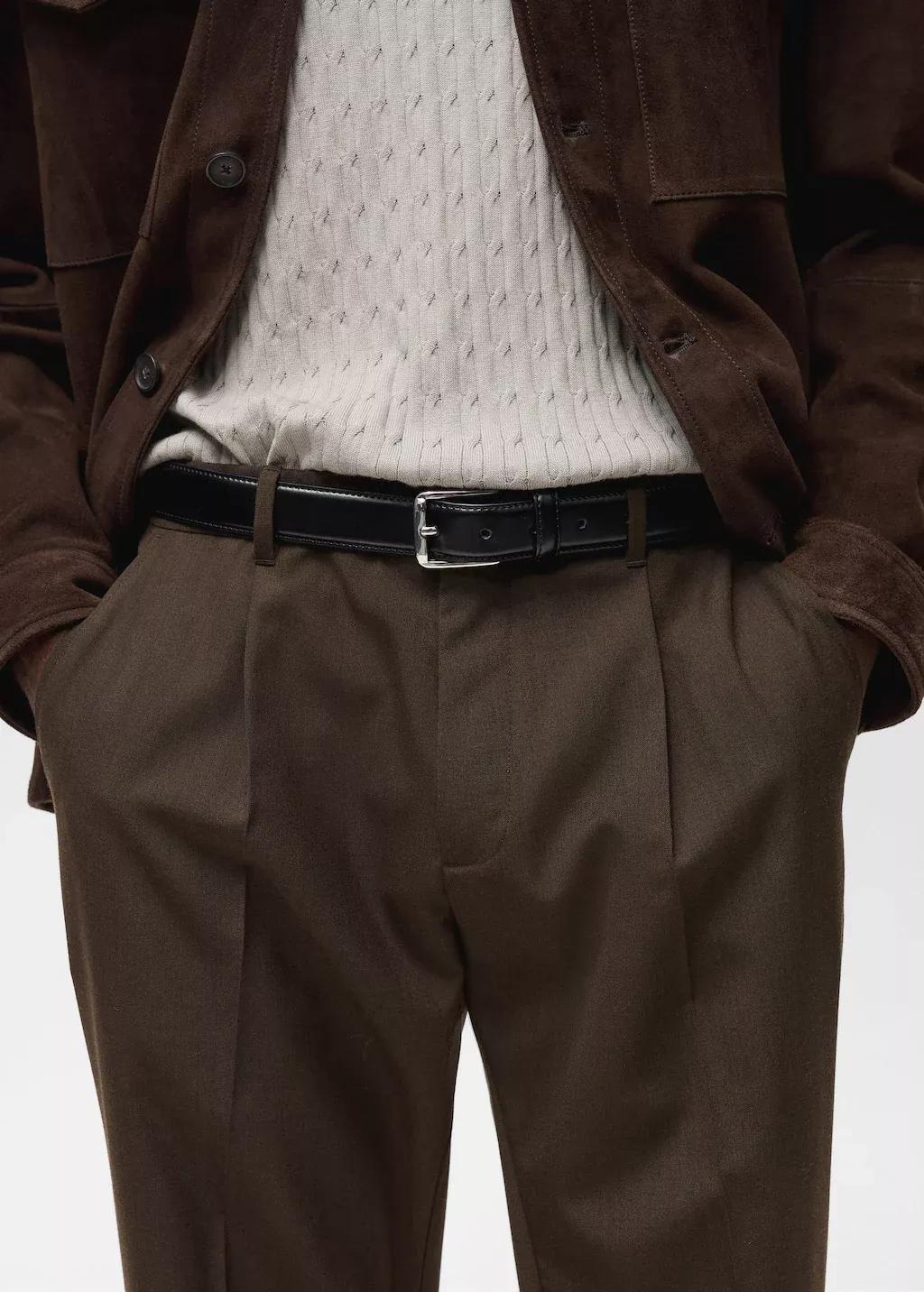 Brown Slim Fit Pleated Cool Wool Trousers, , large image number 1