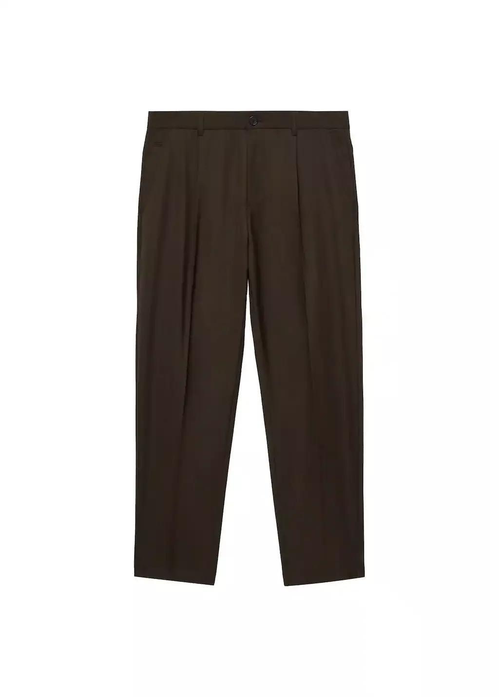 Brown Slim Fit Pleated Cool Wool Trousers, , large image number 3