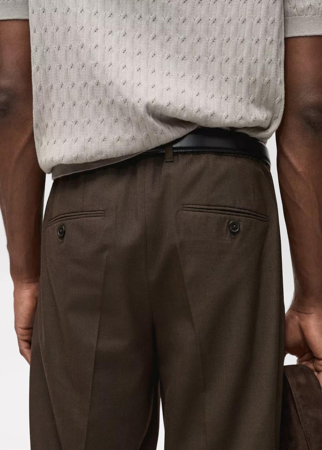Brown Slim Fit Pleated Cool Wool Trousers, , large image number 4