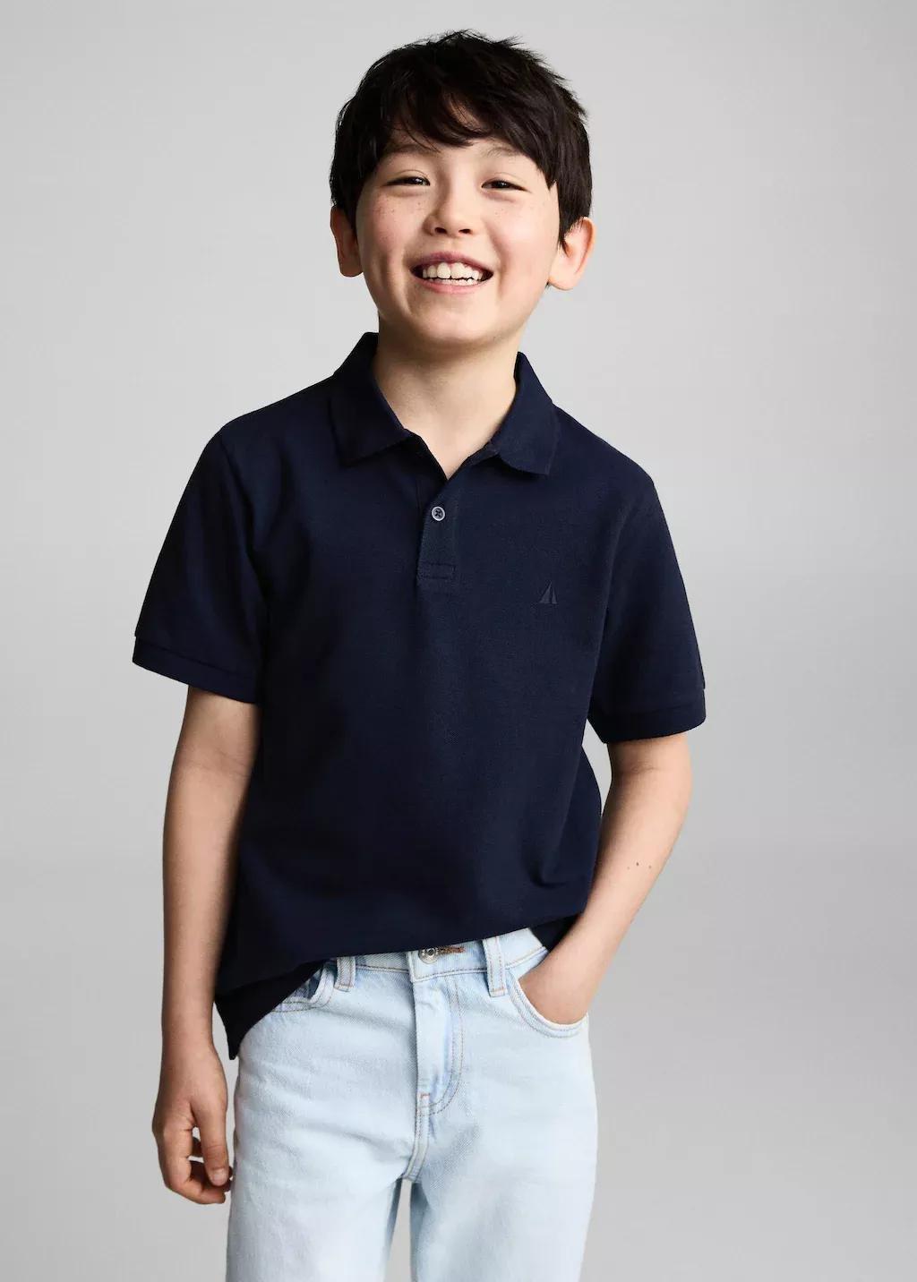 Navy Short-Sleeved Cotton Polo Shirt, Kids Boy, , medium