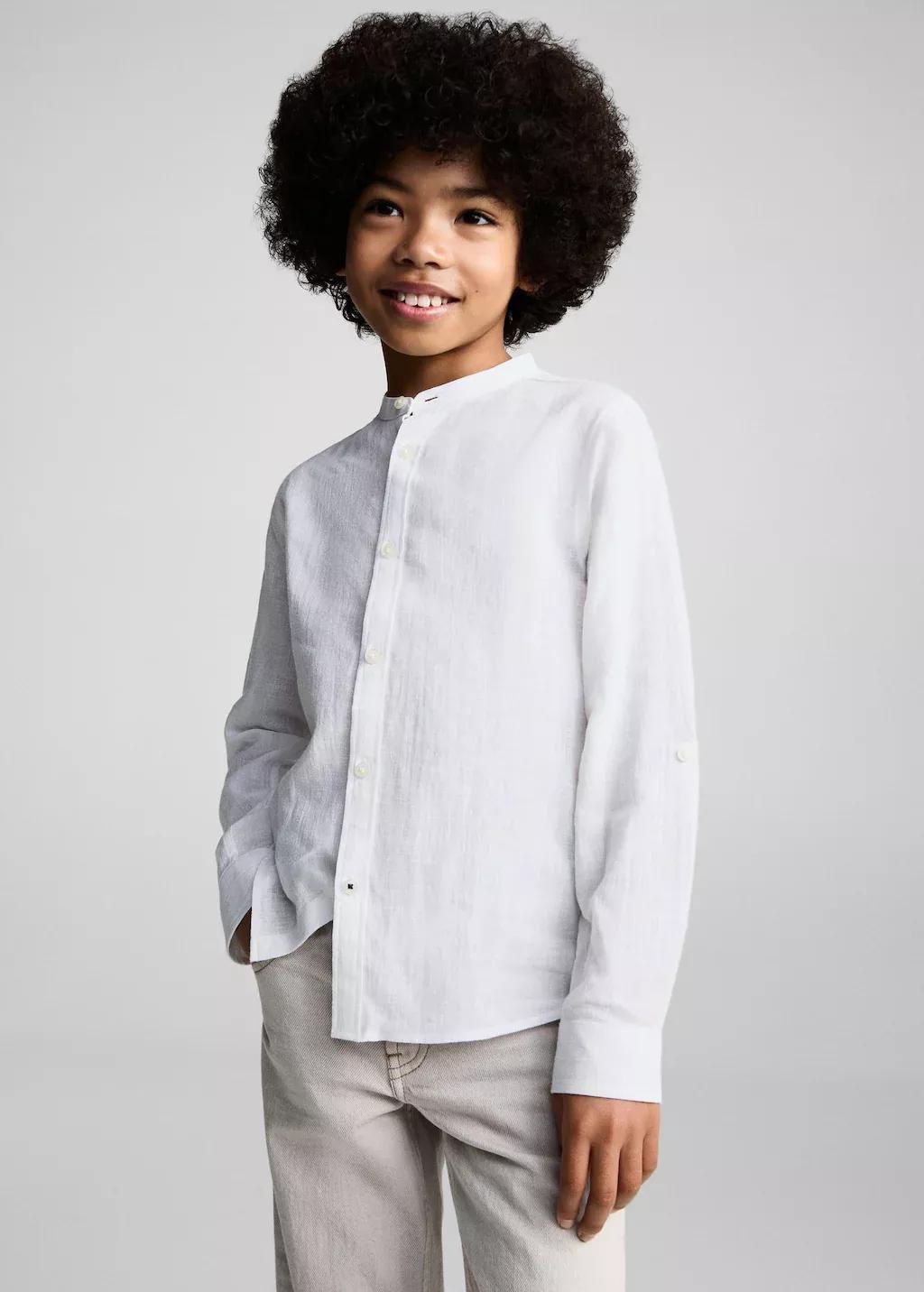 White Cotton Linen Shirt With Mandarin Collar, Kids Boy, , large image number 1
