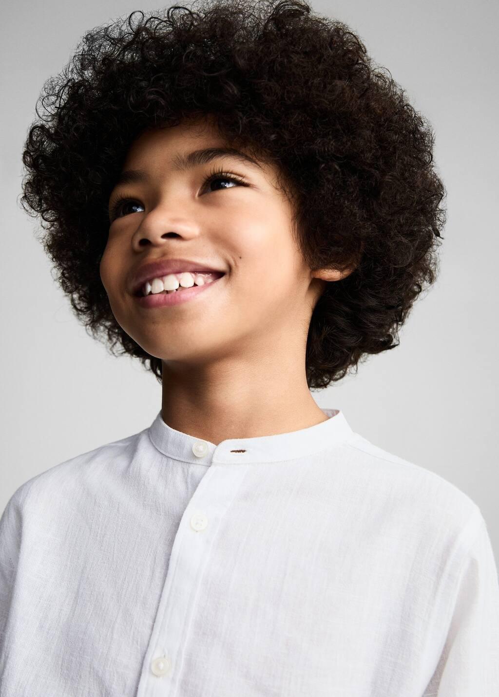 White Cotton Linen Shirt With Mandarin Collar, Kids Boy, , large image number 3