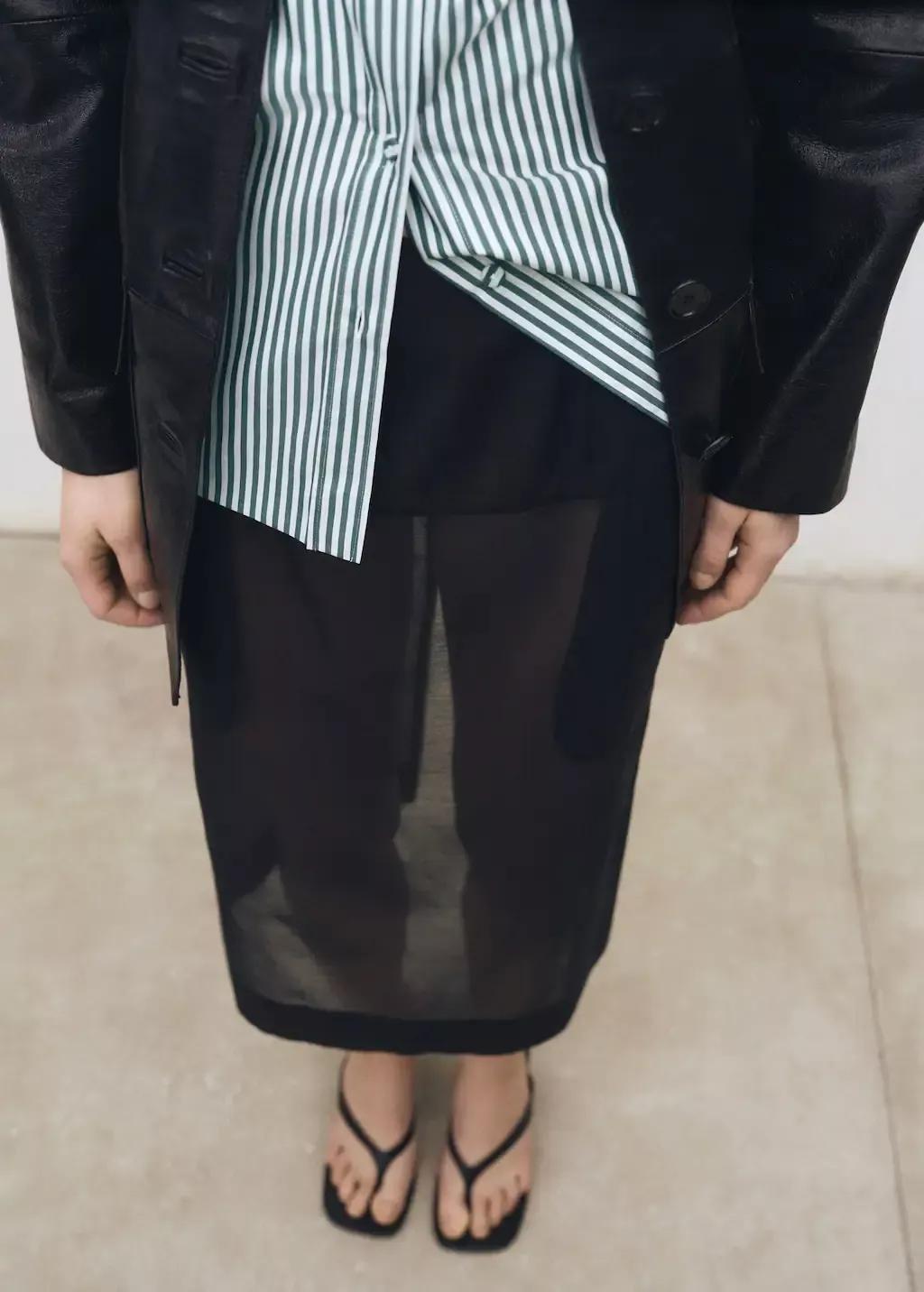 Black Semi-Transparent Silk Midi-Skirt, , medium