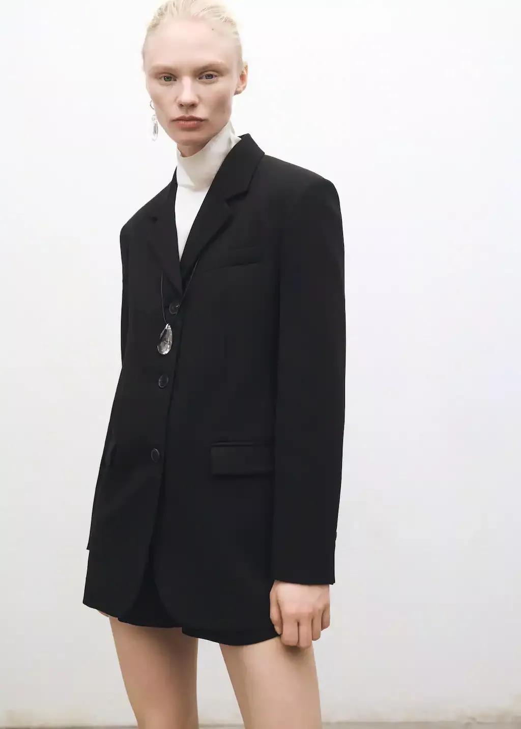 Black Straight Button Suit Blazer, , medium