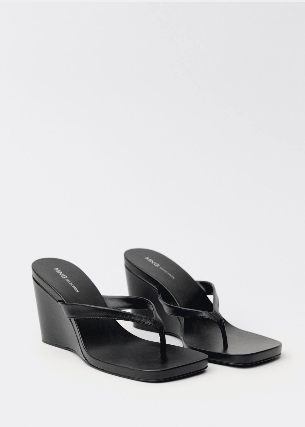Black Wedge Leather Sandals, , large image number 0