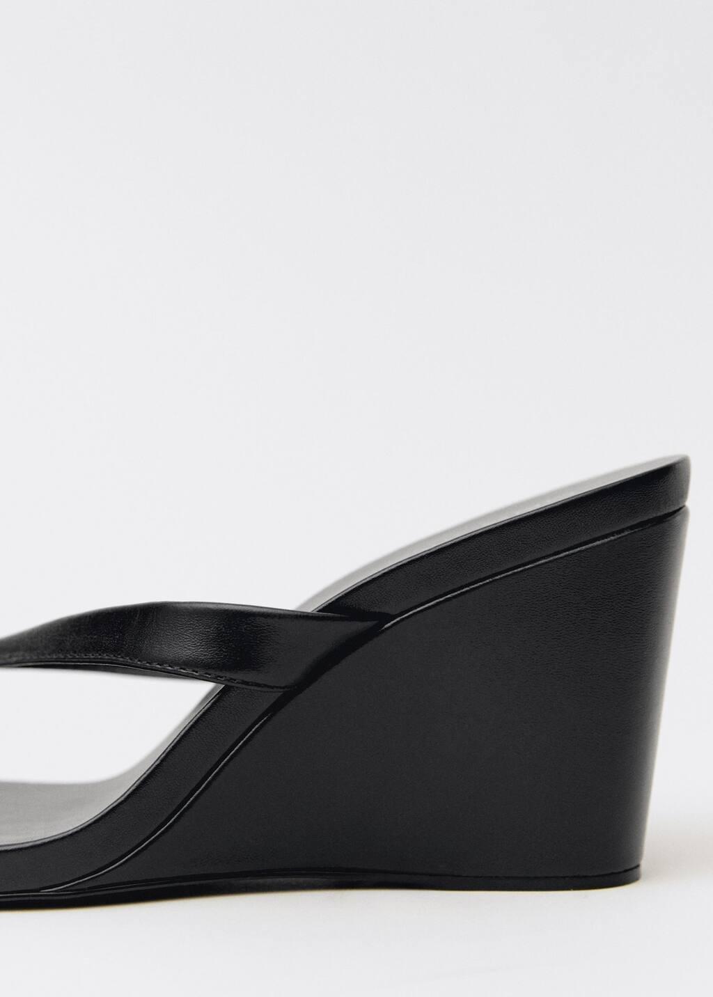 Black Wedge Leather Sandals, , large image number 1