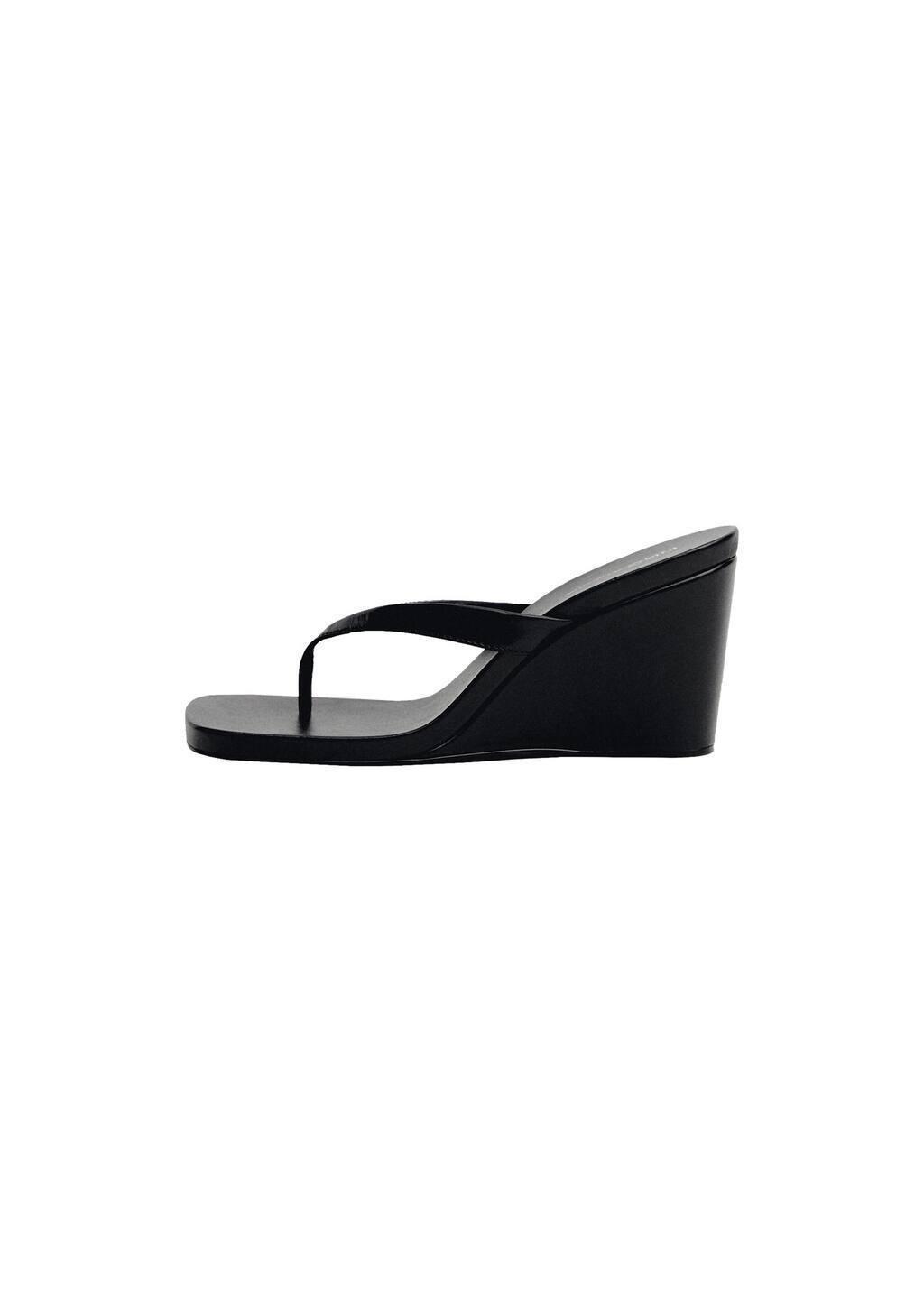 Black Wedge Leather Sandals, , large image number 3