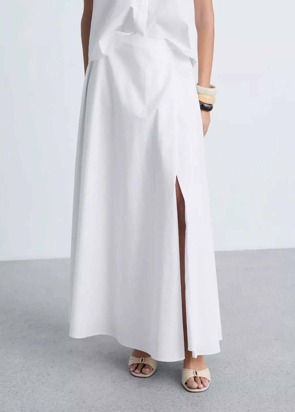 White Long Flared Skirt With Opening, , large image number 2