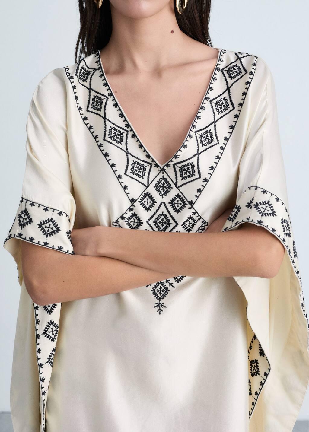 Beige Embroidered Satin Kaftan, , large image number 1