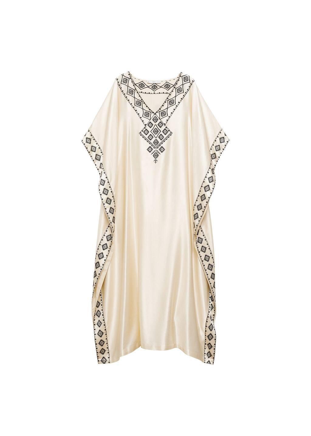 Beige Embroidered Satin Kaftan, , large image number 3