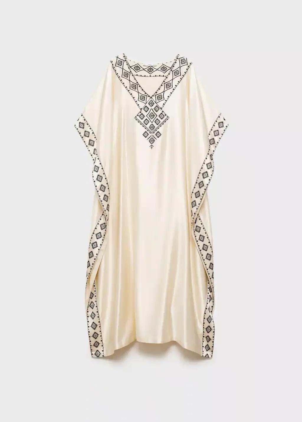 Beige Embroidered Satin Kaftan, , large image number 3