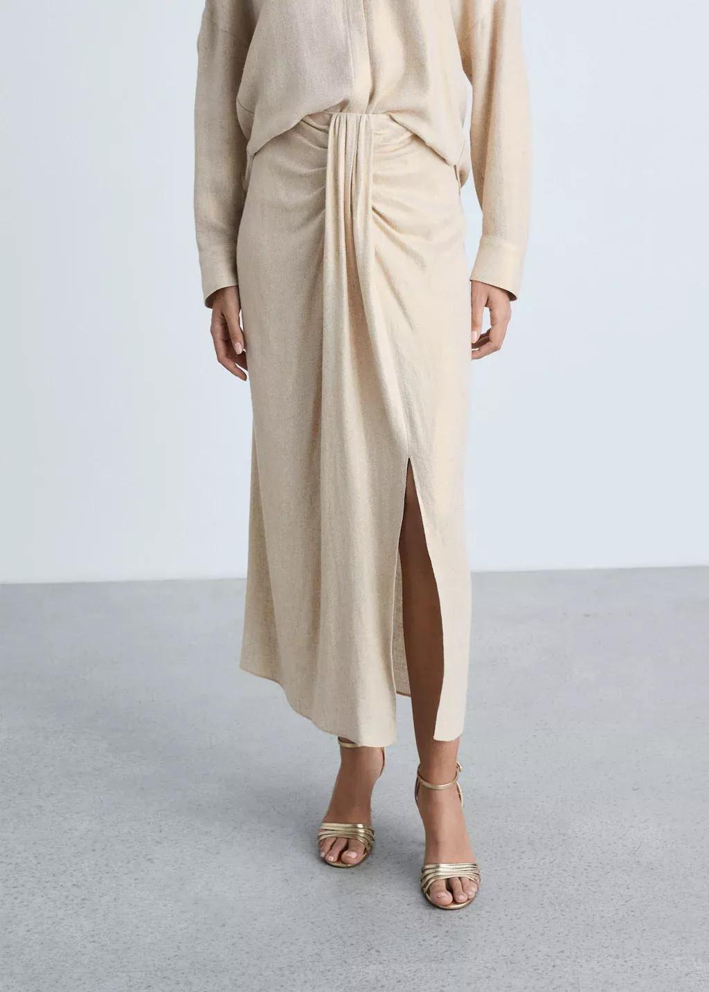 Gold Linen Blend Draped Midi Skirt, , large image number 0