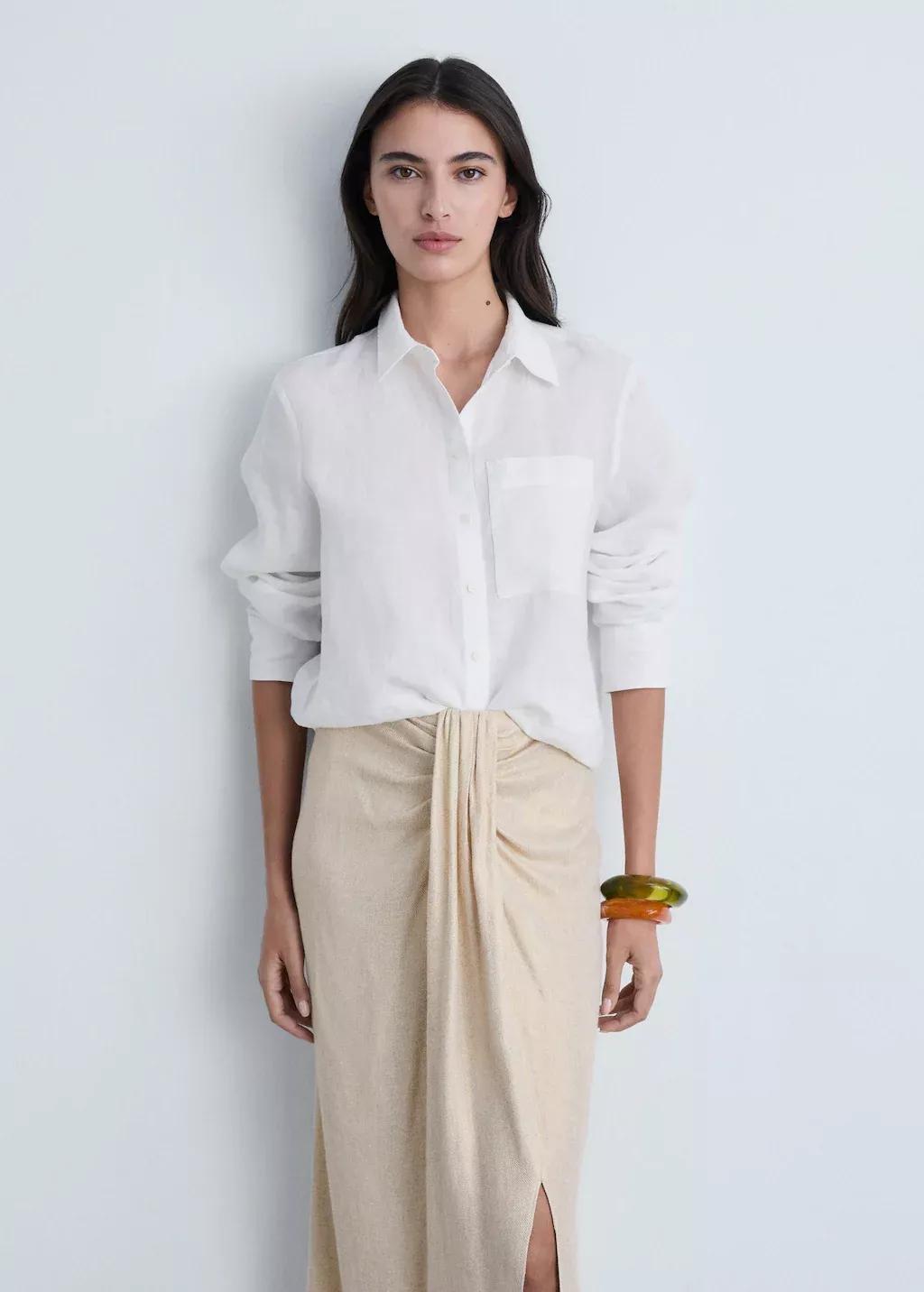 Gold Linen Blend Draped Midi Skirt, , large image number 1