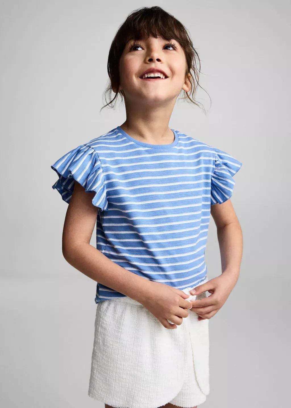 Blue Cotton Striped Ruffle Top, Kids Girls, , large image number 1