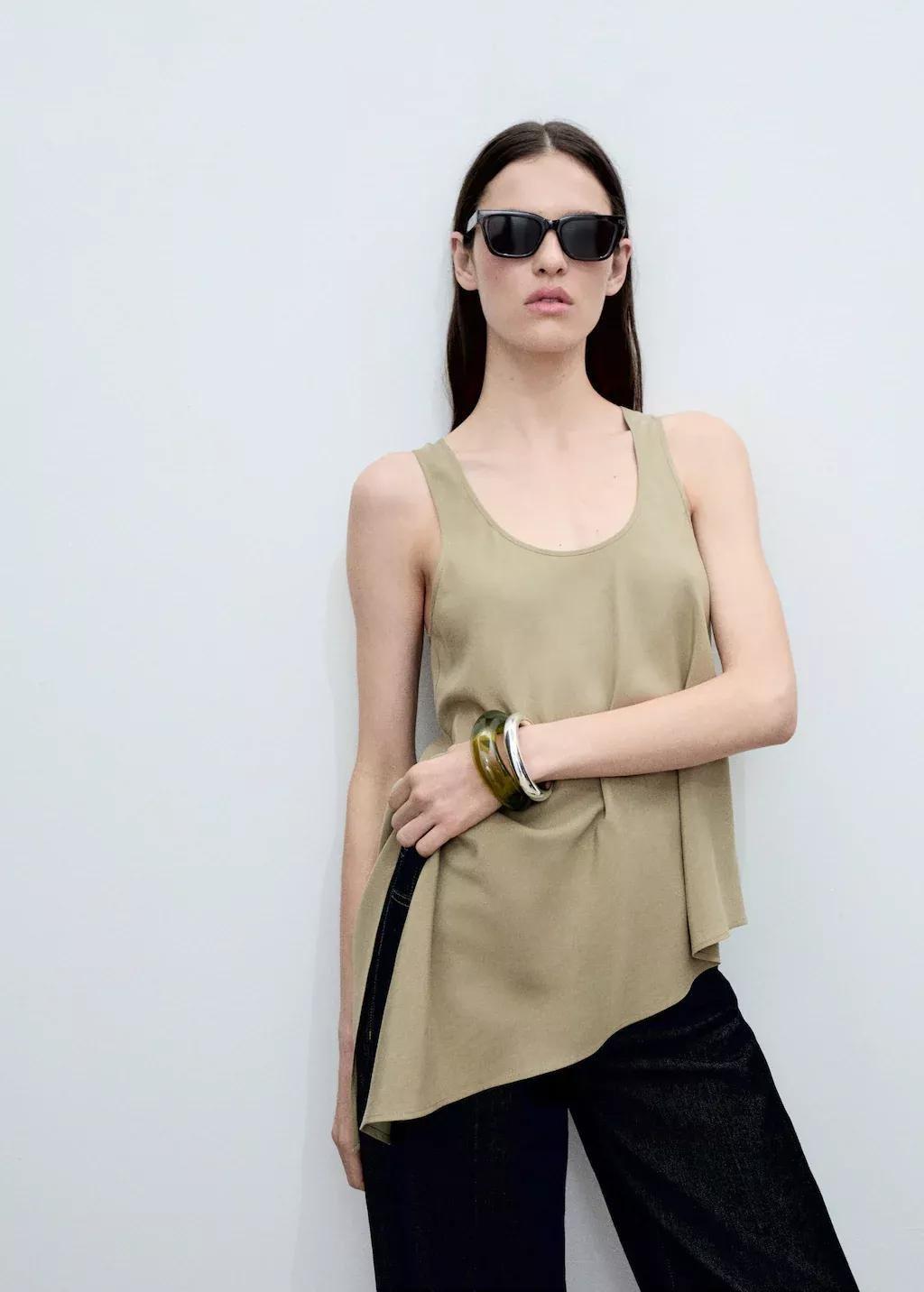 Khaki Asymmetrical Lyocell Top, , large image number 0
