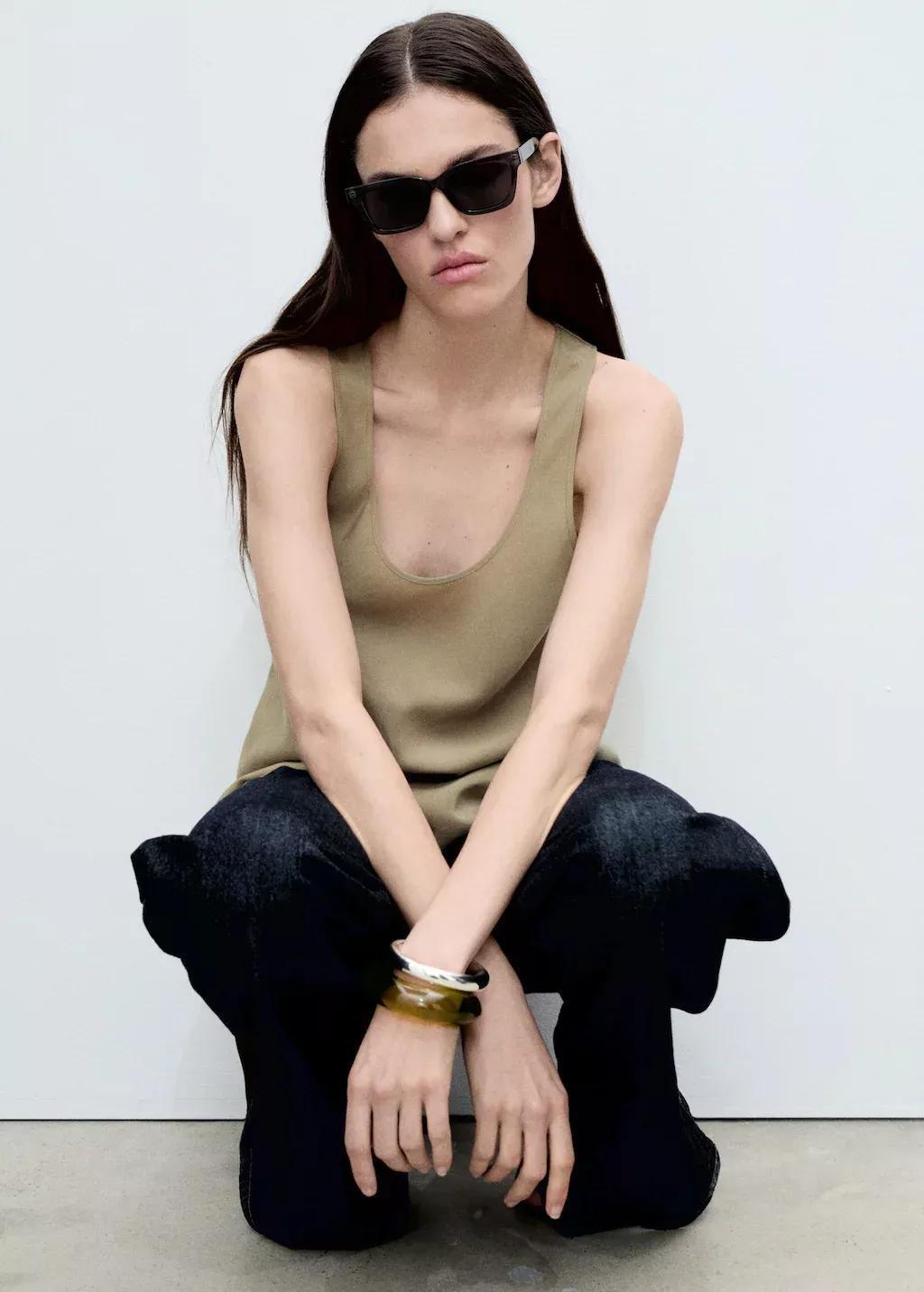 Khaki Asymmetrical Lyocell Top, , large image number 2