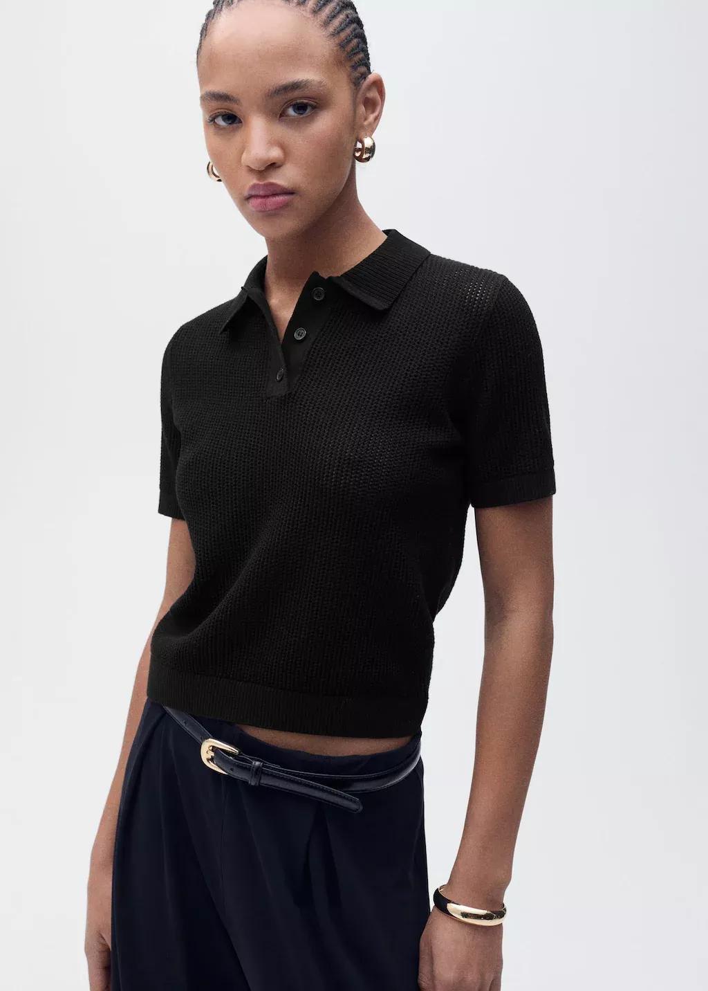Black Openwork Knitted Polo-Neck Sweater, , large image number 0