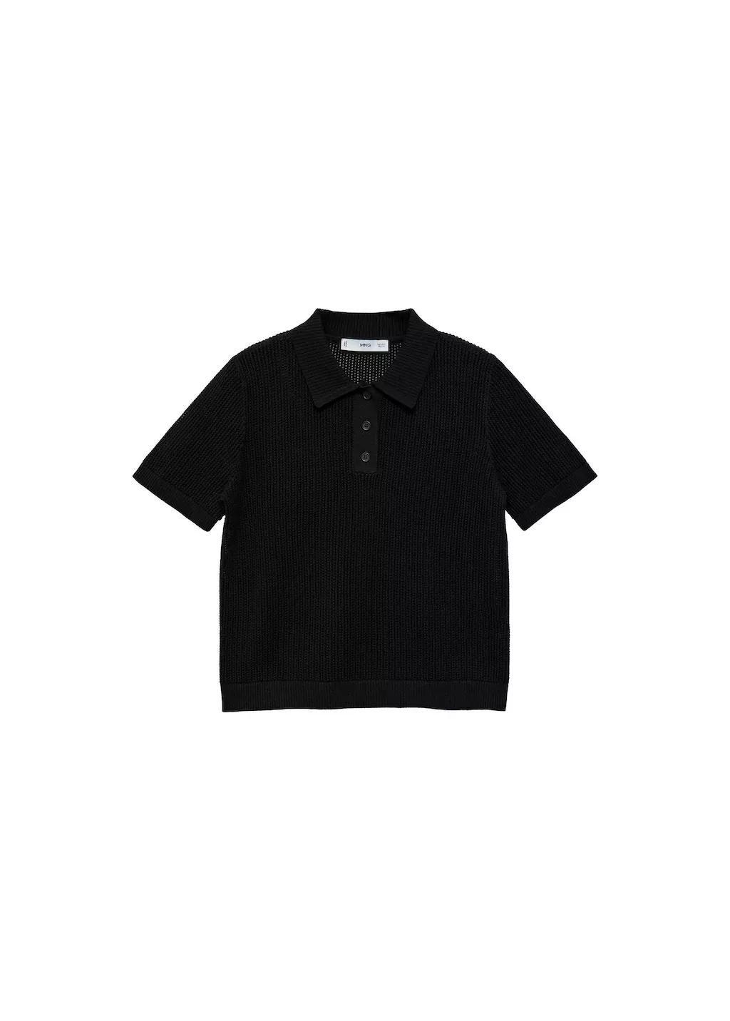 Black Openwork Knitted Polo-Neck Sweater, , large image number 3