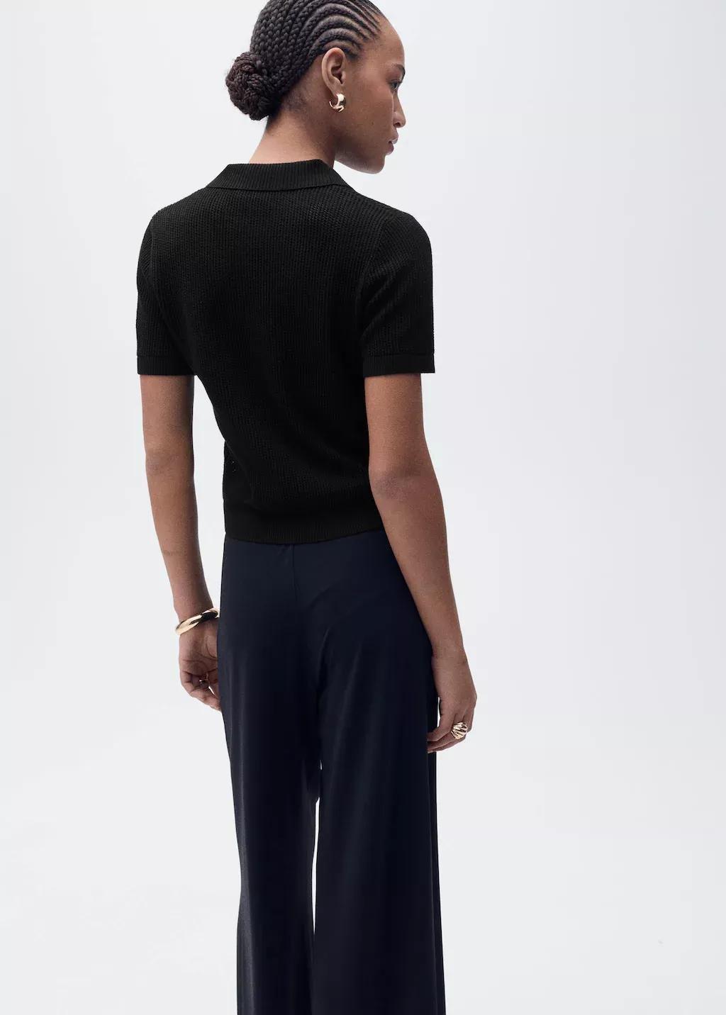Black Openwork Knitted Polo-Neck Sweater, , large image number 4