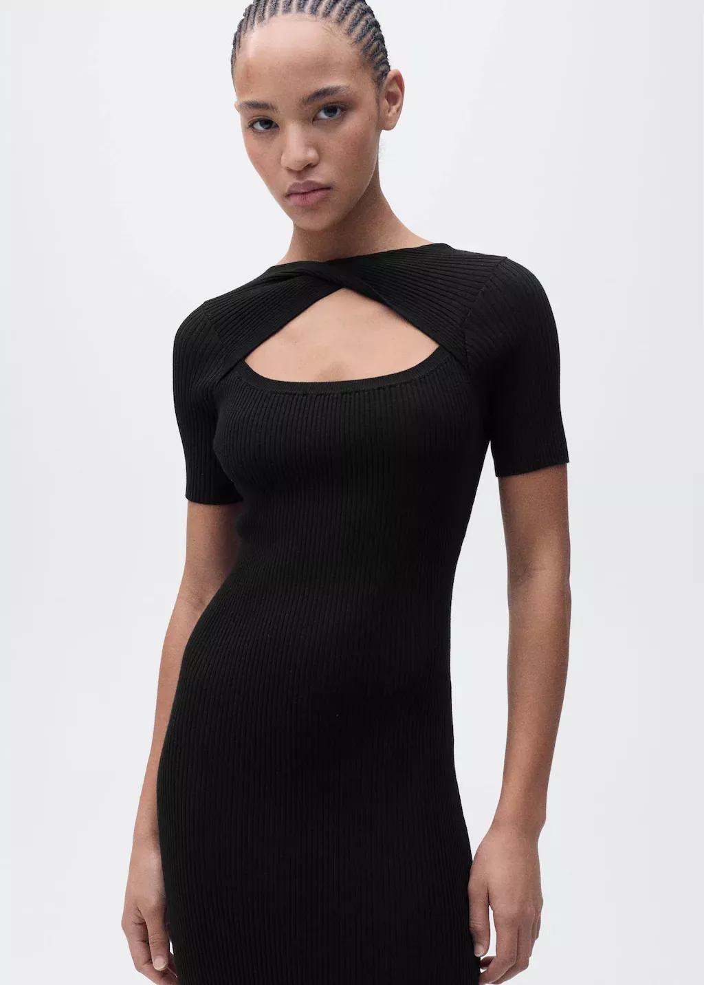 Black Ribbed Midi Dress With Slit Neckline, , medium